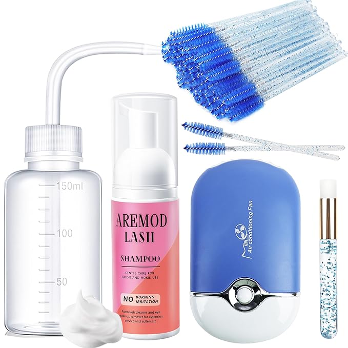 Eyelash Cleanser for Extensions, Lash Shampoo Kit with Lash Fan, 30ml Lash Shampoo,Eyelash Extension Brush and Wash Bottle for Lash Bath (Blue)