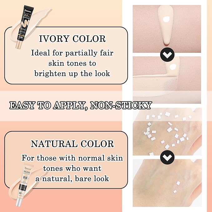 2PCS Full Coverage Concealer Foundation Set,Moisturizing BB Cream,Long Lasting Hydrating Lightweight CC Cream with Makeup Brush,Oil Control Face Moisturizer SPF 50 PA++++ Sunscreen(A)