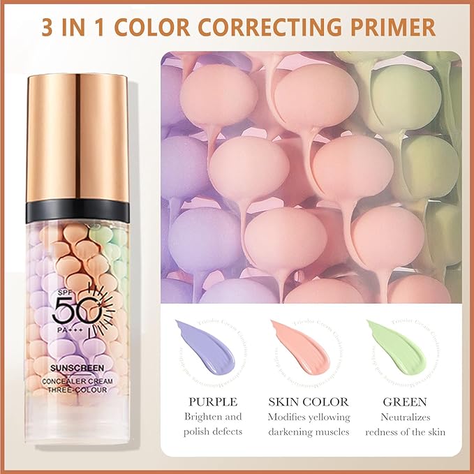 Firstfly Color Correcting Makeup Primer with SPF 50, Sunscreen 3 In 1 Moisturizer Isolation Cream, One Step Skin Tone Corrector for Dark Circles & Fine Lines, Makeup Brush Include