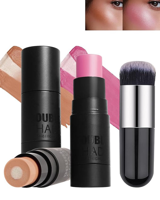 Cream Blush Stick for Cheeks-2Pcs Multi-Use Sandwich Makeup Blush Stick for Eyes Lips Face,Longlasting Tinted Matte Blush, Glow Blendable Blusher with Brush,Women's Day Gift for Women-01+06
