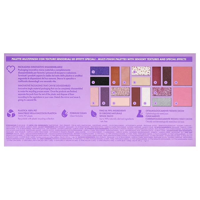 Pupa Milano Make-Up Palette L, 001 Lilac, 0.71 oz - 18 Pan Eyeshadow and Blush Palette, Matte, Shimmer, Metallic Finishes - Blendable Velvety Texture Blush Powder - Talc-Free - Eco-Friendly Packaging