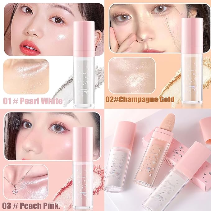 3 PCS Glitter Powder Highlighter Makeup Stick, Pat the Powder Body Highlighter Face Fine Flash Natural Three-Dimensional Contouring Blush Highlighter Stick-White, Pink, Golden brown