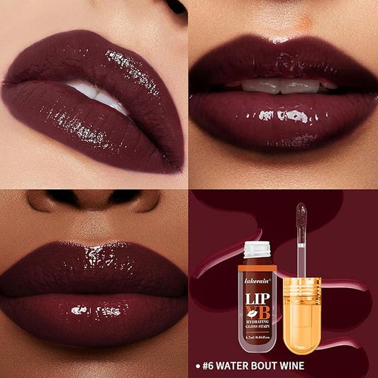 LIP VB Hydrating Lip Gloss Stain - 12HR Glossy Plump & Waterproof Moisture Lock, Non-Sticky Lip Treatment for Dry Lips Revival, Daily Wear & Night Care (Water Bout Wine)