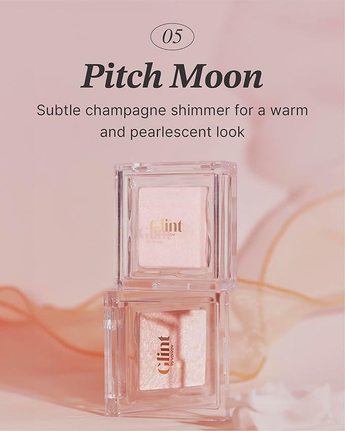 Glint Dewy Highlighter (Pitch Moon, 0.08oz) - Luminous Glow, Infused with Micropearls, Shiny Illuminator. Rich Pigment & Silky Touch, Korean Makeup.