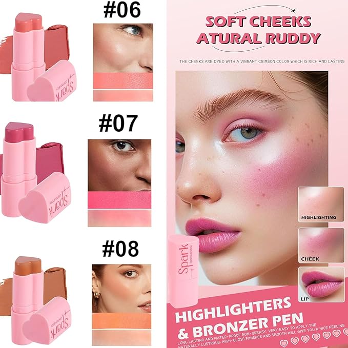 Heart Blush Stick, Matte Rouge Stick, Cheek Contour Pen, Long Lasting Water Proof Non-Greasy Smooth, Buildable Lightweight Cream Blush, Easy Application High-Gloss Finish (03#, 0.21 OZ)