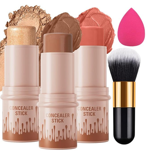 3pcs Face Contour Stick, Highlighter Stick Blush Stick Cream Contour Kit Makeup Set with Brush, Contouring Stick for Fair Skin, Concealer Stick Makeup Gift for Beginner Women Teen Girls