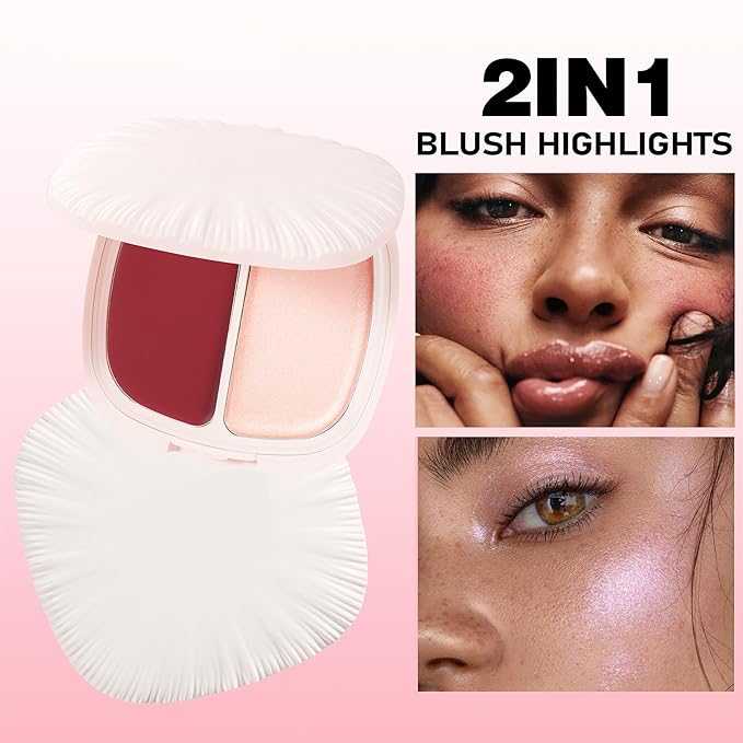 2 in 1 Highlight Blush Palette, Blendable Blush & Highlighter Set Shimmery Metallic Finish, Long-lasting Waterproof Multi-purpose Contour & Highlight Blush Makeup Palette (06)