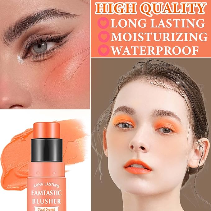 Cream Blush Stick,Blush Stick for Cheeks with Contour Brush,3-in-1 Long Lasting Waterproof Blush&Eye Shadow&Lip Gloss for Natural Skin Types(03 Citrus Pink)