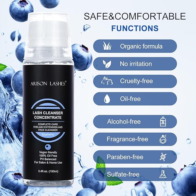 Eyelash Cleanser Concentrate 100ml Lash Extensions Shampoo Natural Foaming Cleanser DIY Non-lrritating Wash for Extensions Lashes with Salon Home Care-Makes 20 Bottles 60ml lash Shampoo (Blueberry)