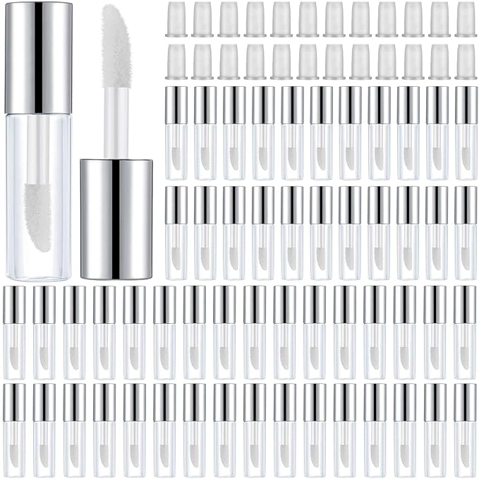 100 Pieces 1.2 ml Clear Mini Lip Gloss Tube Refillable Empty Lip Balm Gloss Containers Bottles Transparent Mini Lipstick Containers for Women DIY Makeup(Silver)