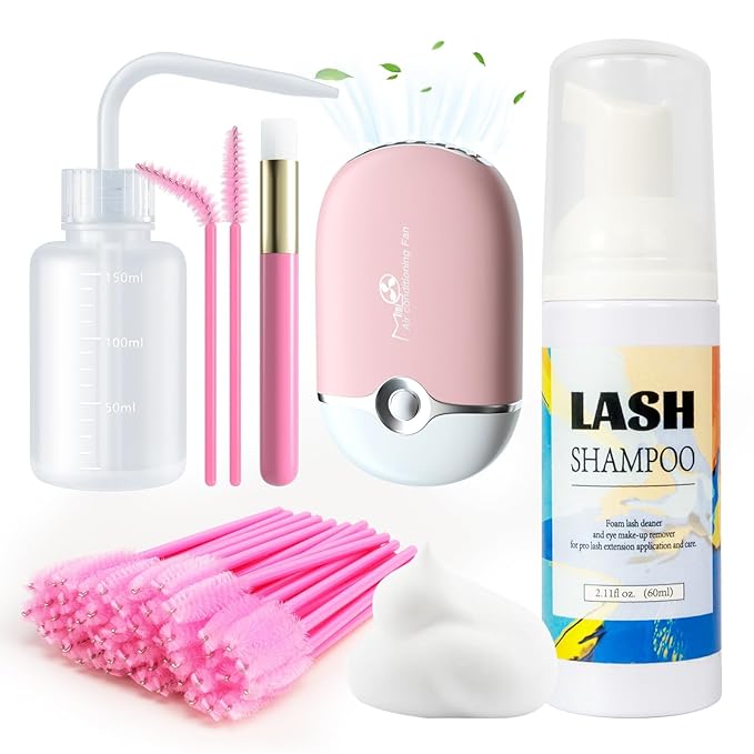 Lash Cleaning Kit - 60ML Lash Shampoo with Lash Fan Cleaning Brush Rinse Bottle and 50 Pcs Mascara Brush, Rich Foam Lash Wash for Eyelash Extension Home Use(Pink)