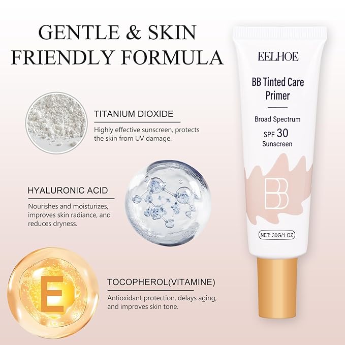 BB Cream Tinted Moisturizer with SPF 30–Lightweight BB Blur Tineted Care Primer,Hydrating Tinted Sunscreen for Face,Full-Coverage Skin Tint Makeup for All Skin Types with 2PCS Sponge (01 Ivory)