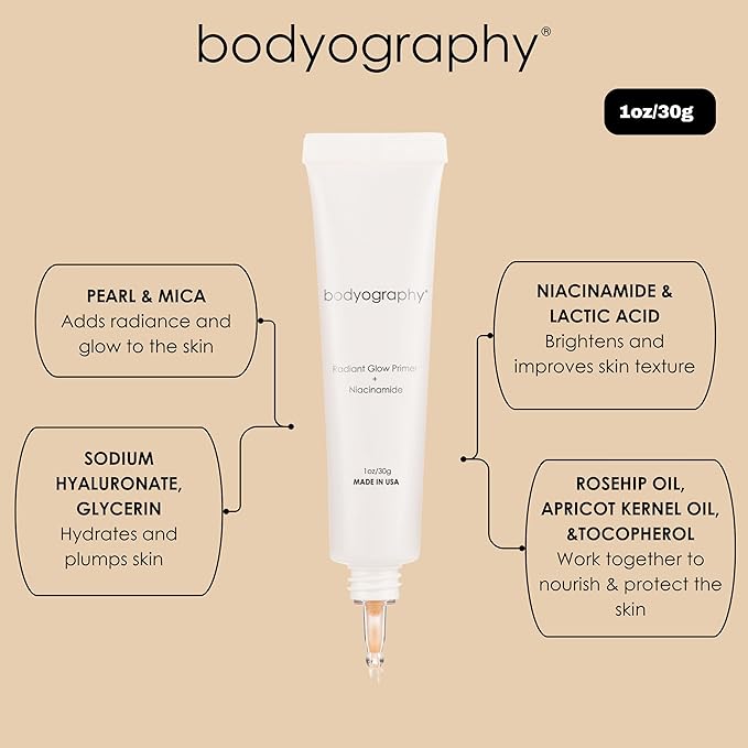 Bodyography Radiant Glow Primer + Niacinamide | Hydrating Makeup Primer with Light-Reflecting Pearls & Hyaluronic Acid | Silicone-Free Face Primer for a Long-Lasting Base