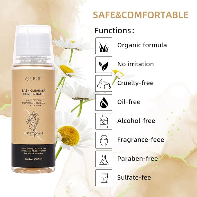 Eyelash Cleanser Concentrate 100ml Chamomile Professional Lash Shampoo Foaming Cleanser Paraben & Sulfate Free Non-lrritating Wash for Extensions Lashes with Salon Home Care-Makes 20 Bottles