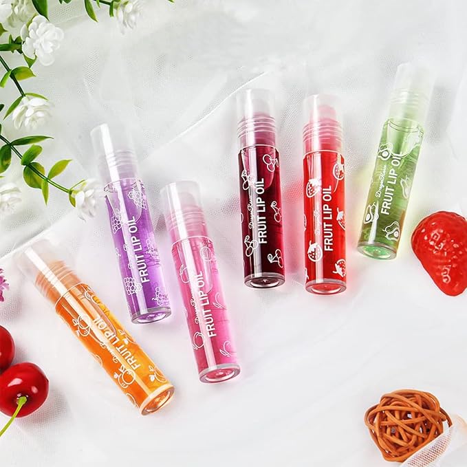 6PCS Roll-On Lip Oil Set,Fruit Flavored Lip Gloss Set,Long Lasting Moisturizing Lip Balm,Transparent Lip Gloss Glossy Lip Make-up for All Age,Non Toxic,Kids Friendly,Best Gift