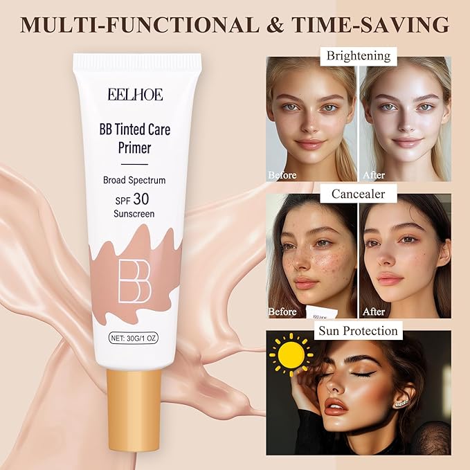 BB Cream Tinted Moisturizer with SPF 30–Lightweight BB Blur Tineted Care Primer,Hydrating Tinted Sunscreen for Face,Full-Coverage Skin Tint Makeup for All Skin Types with 2PCS Sponge (02 Natural)