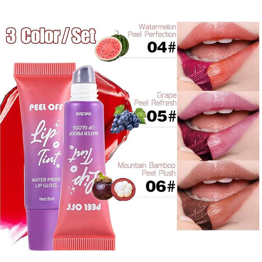 Peel Off Lip Stain,Fruit Lip Tint Stain Peel Off Waterproof Lip Tattoo Gloss Matte Finish Non-Stick Long Lasting Lip Liner Peel Off for Women 3 Colors (04#+05#+06#)