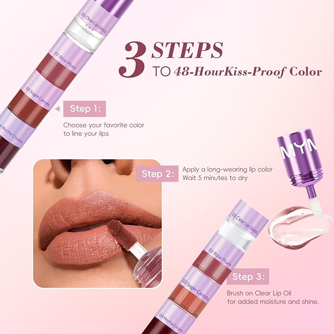 4 In 1 Lip Stain,3 Vivid Color Lip Tints and Clear Lip Gloss,Contains Lip Oil Gloss and Velvety Lip Tint for Matte/Plumping Glossy Lip Look,Moisturizing,Non-Sticky,Long-Lasting,Smudge-Proof