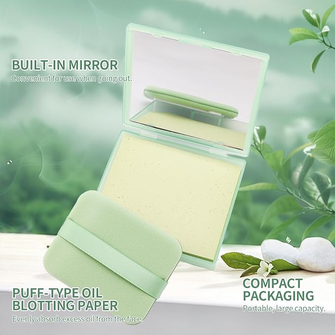 Erinde Oil Blotting Sheets for Face with Mirror and Puff, 300 Sheets Oil Blotting Paper for Oily Skin, Face Oil Absorbing Sheet, Natural Oil Control Film, Absorb Excess Oil, Makeup Friendly