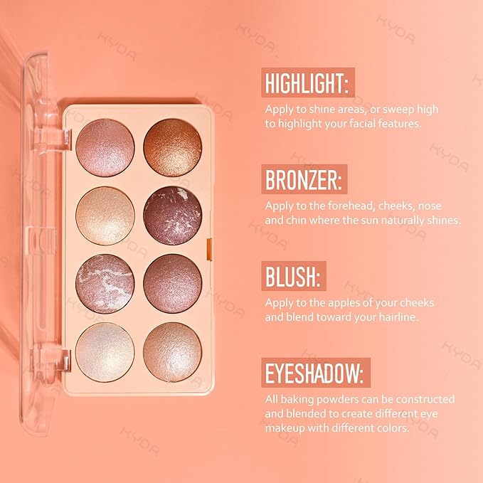 KYDA 8-Color Baked Palette, Multiuse Baked Eyeshadow, Highlighter, Contour, High Gloss Pigment, Lightweight Soft Powder, Buildable Blendable Natural Look, Rose Gold