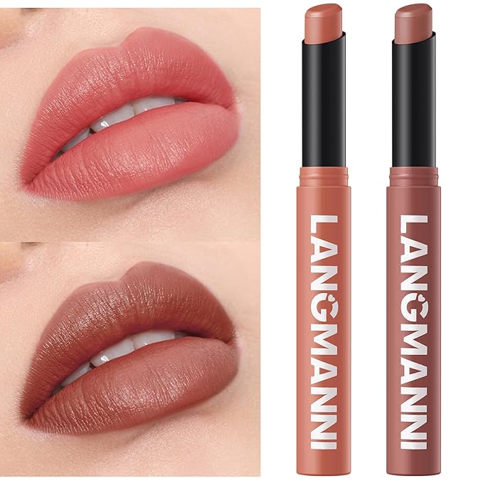 Jolilab 2 Pcs Velvet Matte Lipstick Nude Matte Soft Dark Color Stick Waterproof Long-Lasting Non-Stick Cup High Pigmented Lip Stick Lip Balm Beauty Cosmetics Gift for Girls(05#+06#