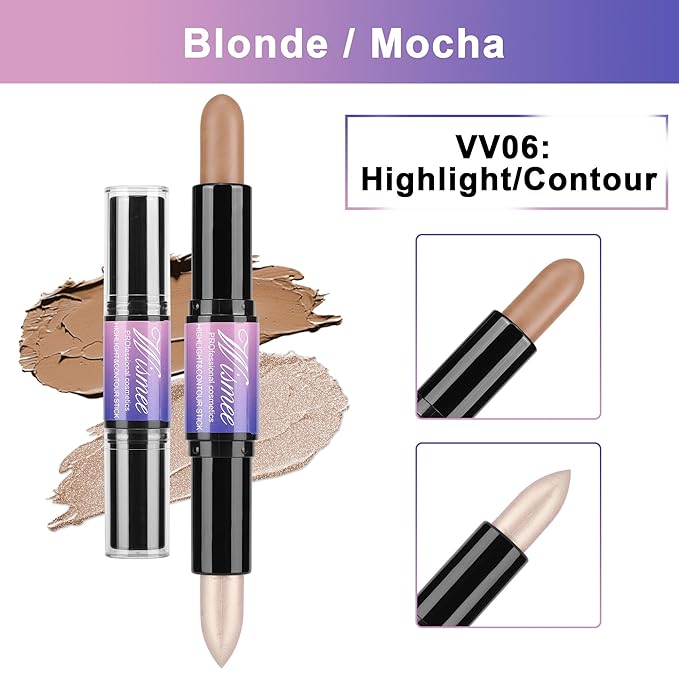 Dual-Ended Highlight & Contour Stick, Shimmer Cream Powder Face Shaping & Contouring Stick, Long Lasting & Waterproof Highlighters Makeup Stick, Blendable and Smooth for Women