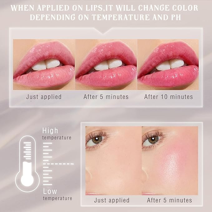 Moisturizing Color Changing Blush Stick Magic Ph Temperature Change Clear Glassy Cream Blusher for Cheek Tint Lip Gloss Multi Use Transparent Rubor Rouge for Face Makeup Glossy Shinny Finish