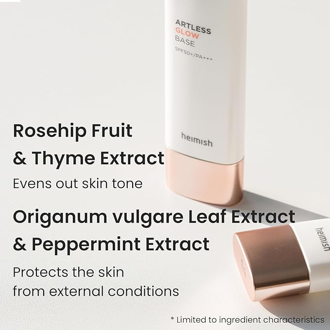 HEIMISH Artless Glow Base, Multipurpose Makeup Base, Primer, Highlighter, Tone Up Sunscreen for face, Lightweight, Non-greasy, Hydrating, Natural Finish with SPF 50+ PA++++, 1.35fl.oz/40ml