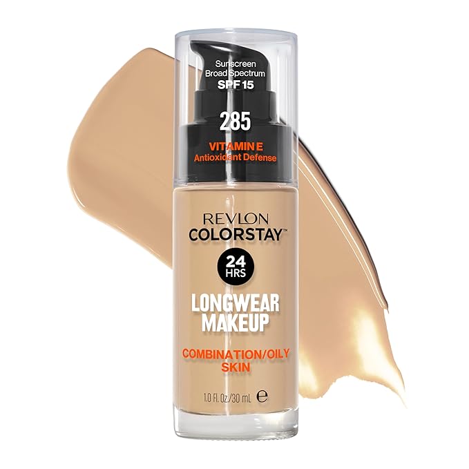 Revlon Liquid Foundation, ColorStay Face Makeup for Combination & Oily Skin, SPF 15, Medium-Full Coverage with Matte Finish, 285 Shell, 1 Fl Oz