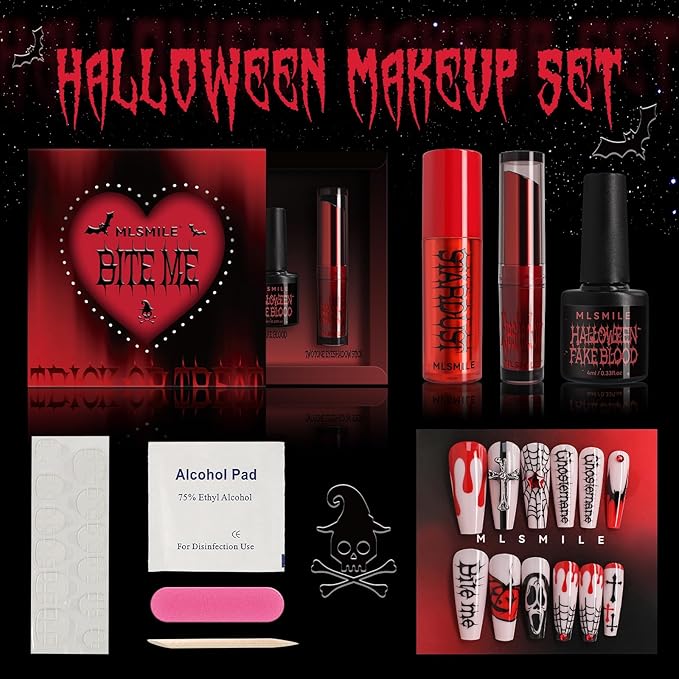 Halloween Makeup Kit,Halloween Press On Nail With Tools,SFX Make up Set Fake Blood Cream,Powder Lipstick,two-tone eyeshadow,2024 New Halloween Party Supplies