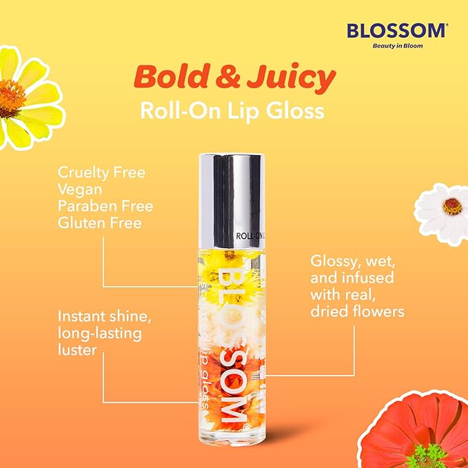 Blossom Roll on Lip Gloss, Scented Clear High Shine Moisturizing Lip Oil, Non Sticky, Infused with Real Flowers, Made in USA, 0.2oz, Passion Fruit