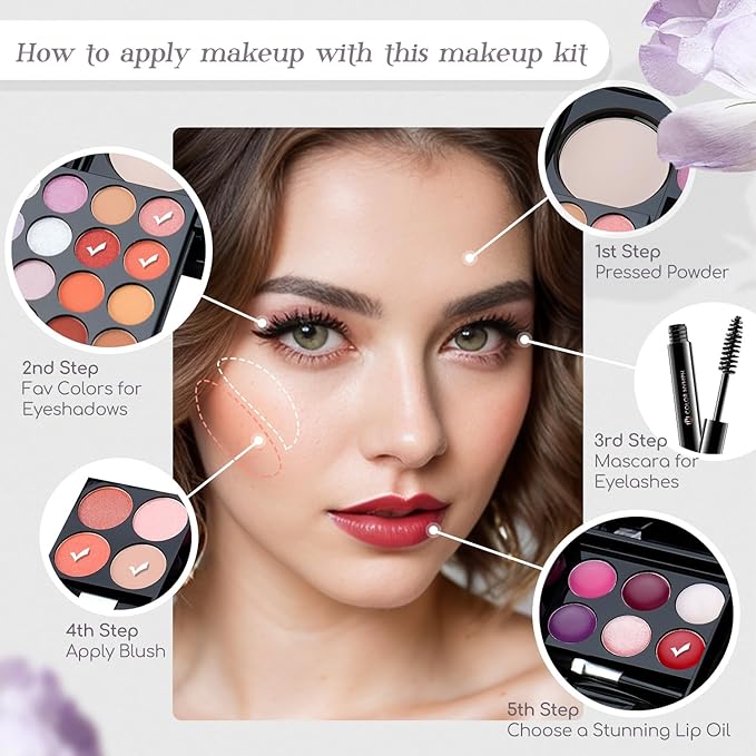 Color Nymph All In One Makeup Palette Set Kit,Portable Travel Makeup Kit for Girls with 24-Colors Eyeshadows Facial Blusher Lip Gloss Pressed Powder Mascara Brushes Mirror