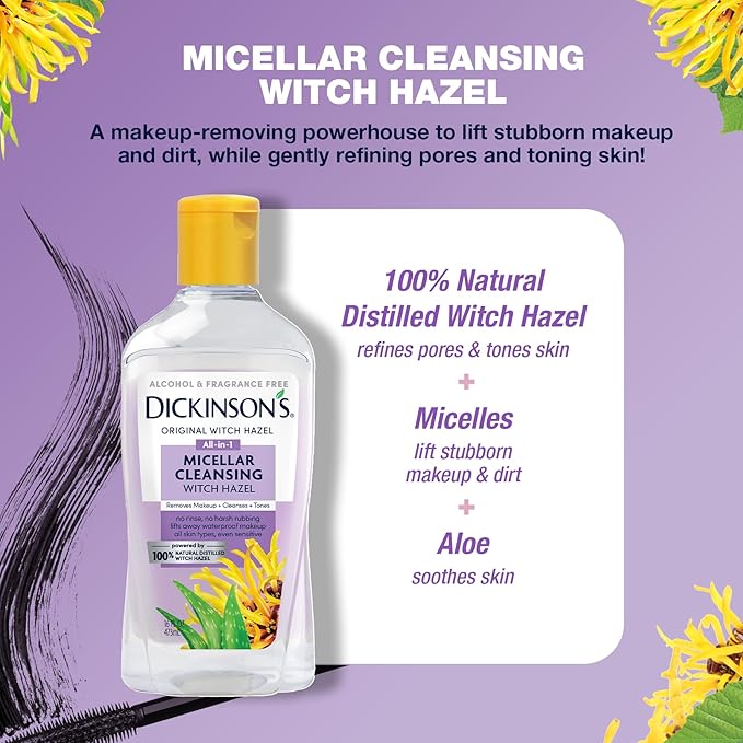 Dickinson's Micellar Cleansing Witch Hazel, An All-in-1 Makeup Remover, Pore Refiner, Skin Cleanser and Toner; Alcohol Free with Aloe, for Sensitive Skin, 16oz (Pack of 2)