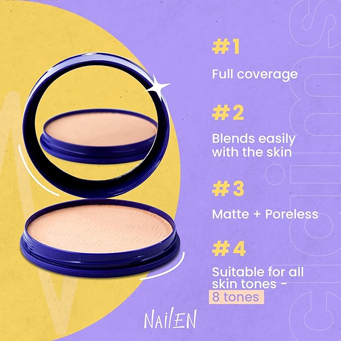 Nailen Compact Makeup Setting Powder Foundation with Matte Finish, Shine Control, Full Coverage - Ideal for All Skin Types & Poreless Smooth Face Look - Tone 1, (1 Count)