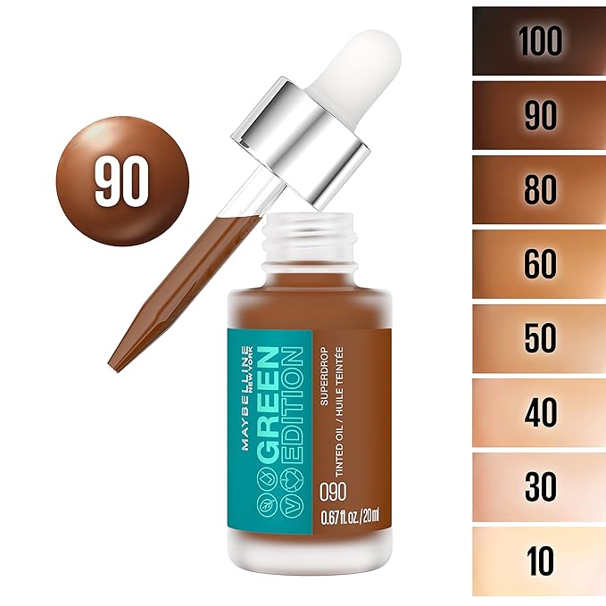 Maybelline Green Edition Superdrop Tinted Oil Base Makeup, Adjustable Natural Coverage Foundation Formulated With Jojoba & Marula Oil, 90, 1 Count