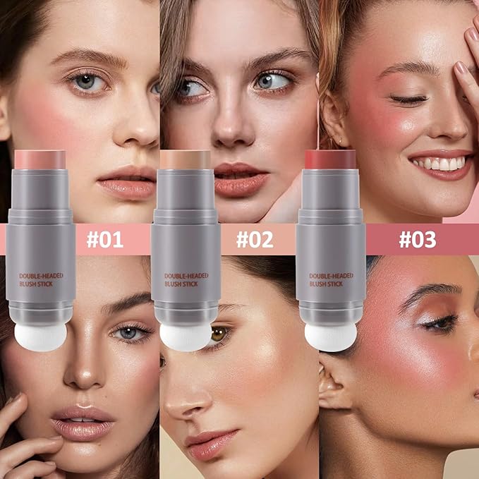 Boobeen Cream Blush Stick, Double-head, Lightweight Long-lasting Color Natural Blush Makeup Stick, Multi Face Blush for Cheek, Lip and Eye, Dewy Finish for All Skin Tones