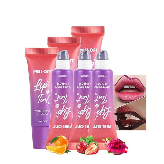 Peel Off Lip Stain,Fruit Lip Tint Stain Peel Off Waterproof Lip Tattoo Gloss Matte Finish Non-Stick Long Lasting Lip Liner Peel Off for Women 3 Colors (01#+02#+03#)