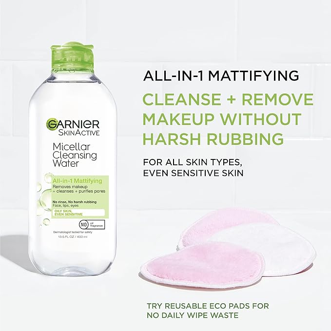 Garnier Micellar Water for Oily Skin, Facial Cleanser & Makeup Remover, Mattifying, For All Skin Types, Vegan, Cruelty Free, 13.5 Fl Oz (400mL), 1 Count