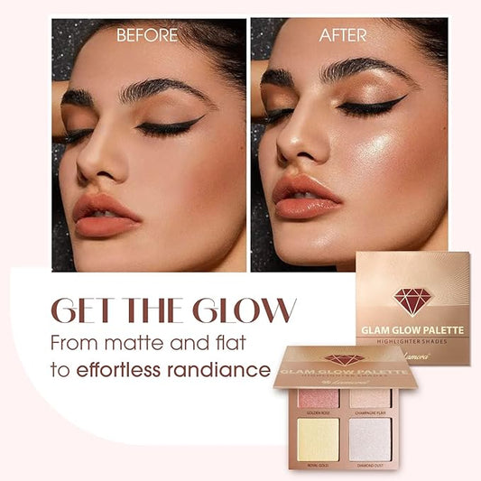 Highlighter Palette Makeup Iluminador - Glow Bronzer Powder Kit With Mirror - 4 Highly Pigmented Face Shimmer Colors - Vegan, Cruelty Free & Hypoallergenic