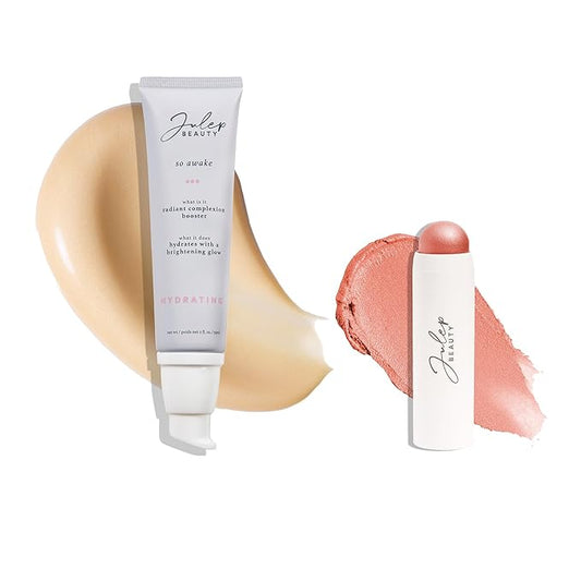 Julep Radiant Glow Duo: So Awake Snail Mucin Complexion Booster Moisturizer + Face Primer & Skip The Brush Cream-to-Powder Blush Stick in Rose Gold Makeup & Skincare Set