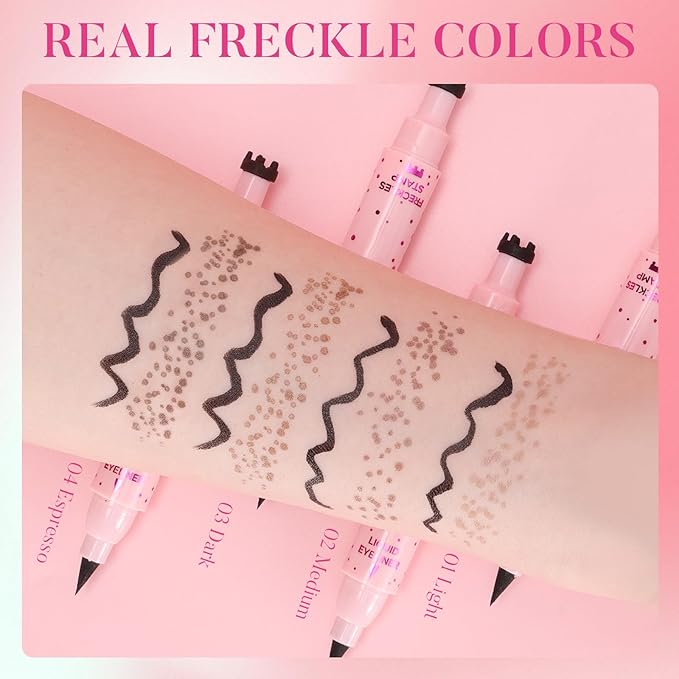 DAGEDA Eyeliner Freckle Pen, 2 in 1 Light Brown Freckle Stamp and Black Liquid Eyeliner, Waterproof, Natural Lifelike Freckles Makeup, Soft Sopt Pen Magic Fake Freckles