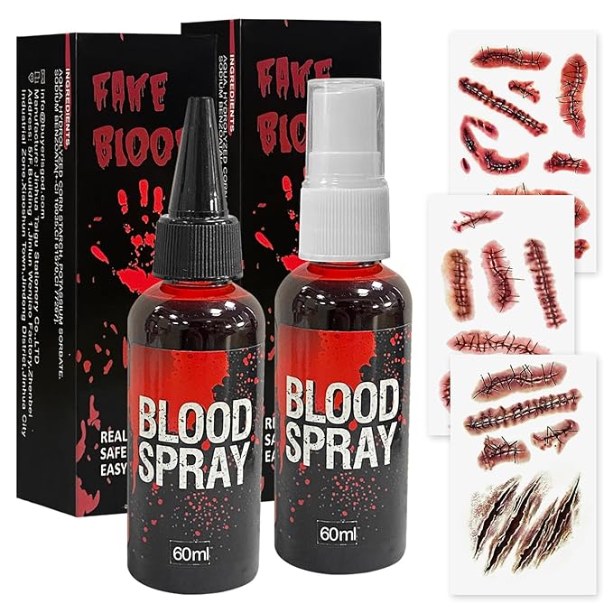 5Pcs Halloween Fake Blood Spray Makeup Accessories, 2oz Halloween Washable Fake Blood Spray and Fake Tattoos Scar Stickers for Halloween Vampire Zombie Makeup Accessories, Halloween Masquerade Props