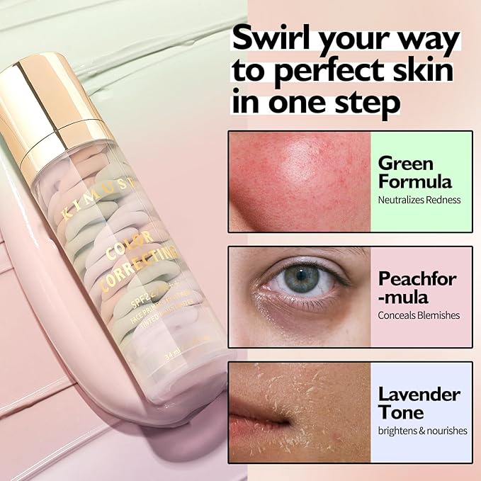 KIMUSE Color Correcting Facial Serum, One Step Color Corrector Tinted Moisturizer, Skin Tone Correcting and Brightening Makeup Primer, Hydrates, Balances & Nourishes Skin, Natural Finish