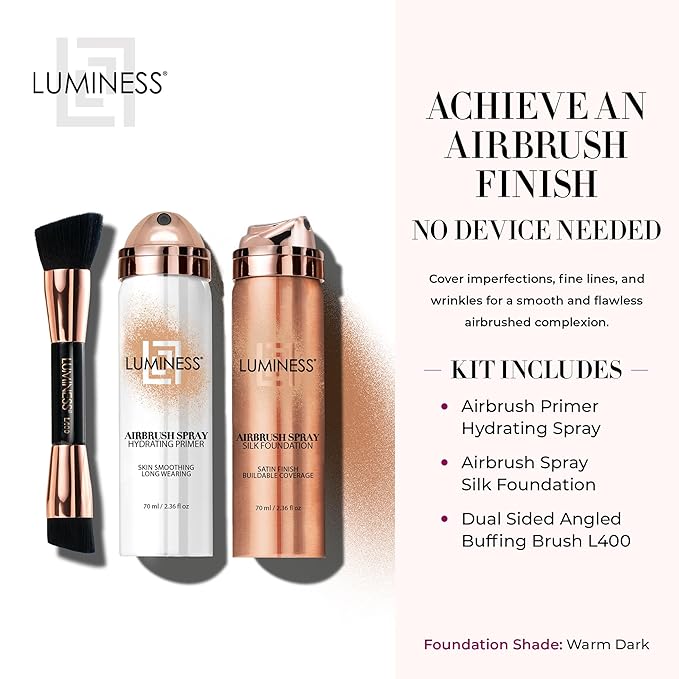 LUMINESS Airbrush Spray Silk Foundation Starter Kit - Warm Dark - Foundation, Primer & Dual-Sided Angled Buffing Brush - Medium, Buildable Coverage, Anti-Aging Formula Hydrates & Moisturizes