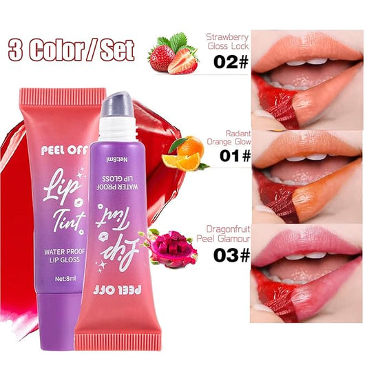 Peel Off Lip Stain,Fruit Lip Tint Stain Peel Off Waterproof Lip Tattoo Gloss Matte Finish Non-Stick Long Lasting Lip Liner Peel Off for Women 3 Colors (01#+02#+03#)