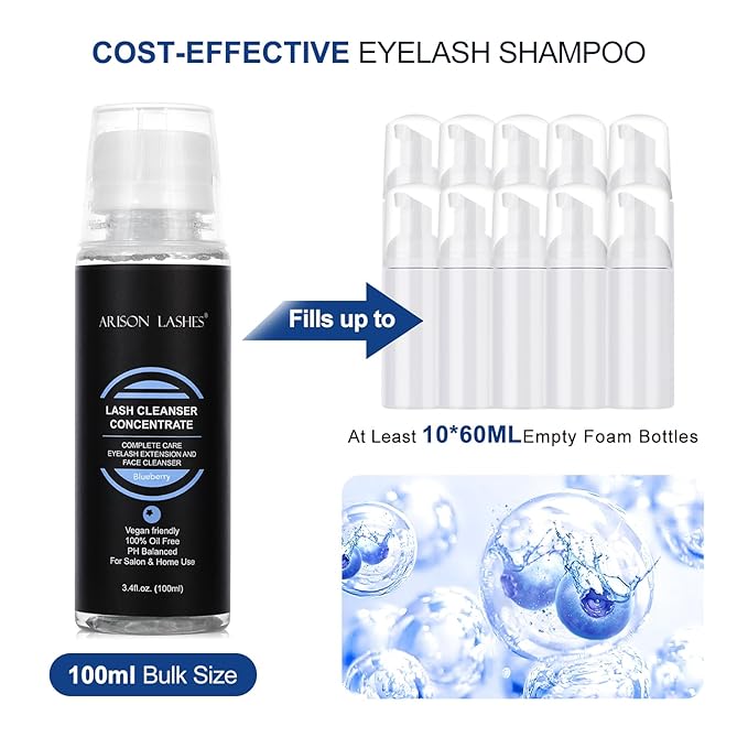Eyelash Cleanser Concentrate 100ml Lash Extensions Shampoo Natural Foaming Cleanser DIY Non-lrritating Wash for Extensions Lashes with Salon Home Care-Makes 20 Bottles 60ml lash Shampoo (Blueberry)