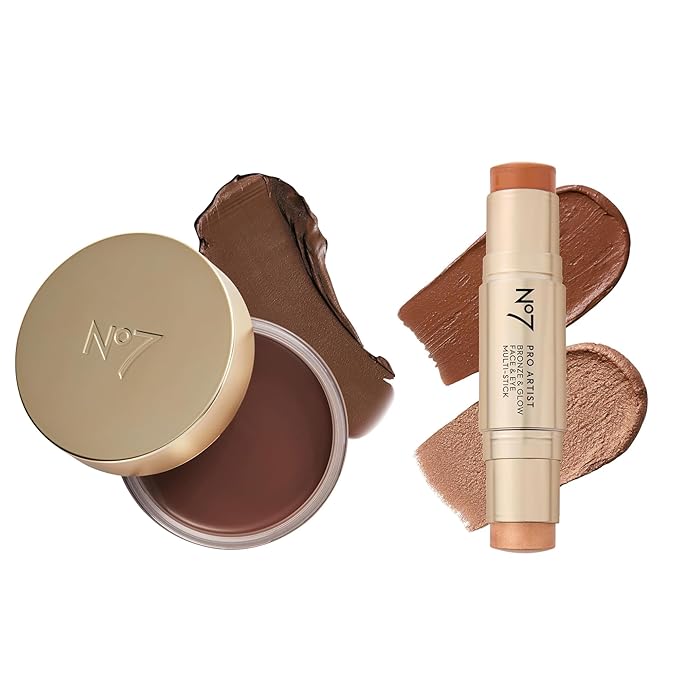 No7 Pro Artist Bronze & Glow Duo - Soft Glow Cream Bronzer (Deep) + Bronze & Glow Multistick (Deep Bronze/Golden Glow) – Radiant, Sun-Kissed Finish