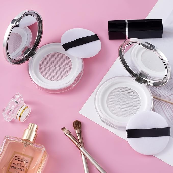 OIIKI 4 Packs Loose Powder Compact Containers, 5g Refillable Container with Powder Puff, Mirror, Net, Spoon, DIY Makeup Powder Cases Portable Powder Compact Boxes for Daily Use or Travel - Silver