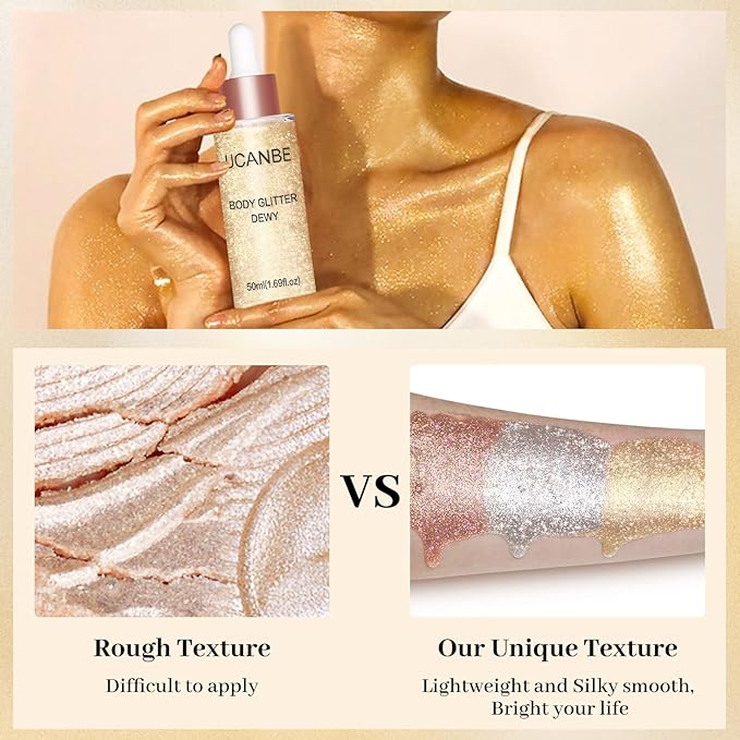 UCANBE Face Body Glitter Liquid Highlighter Illuminator Dewy Drops with Makeup Brush, Makeup Sparkle Shine Luminizer Enhancer Skin Body Shimmer Oil Tint 50ml/1.69oz (03 Rose Gold, Standard)