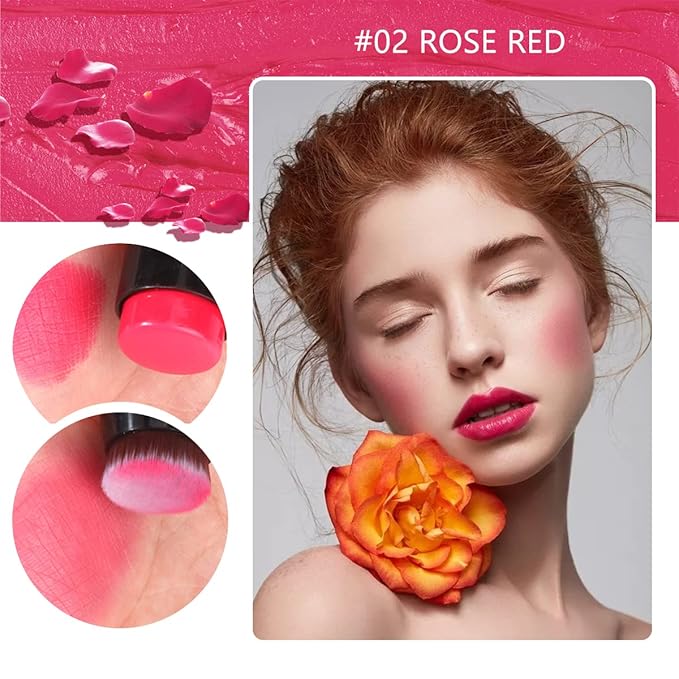Cream Blush Stick for Cheeks - 2 in 1 Multi Makeup Blush with Brush for Cheeks Tint & Eyes & Lips, Waterproof Smooth Creme Texture, Long-lasting Wear All Day, #02 Rose Red